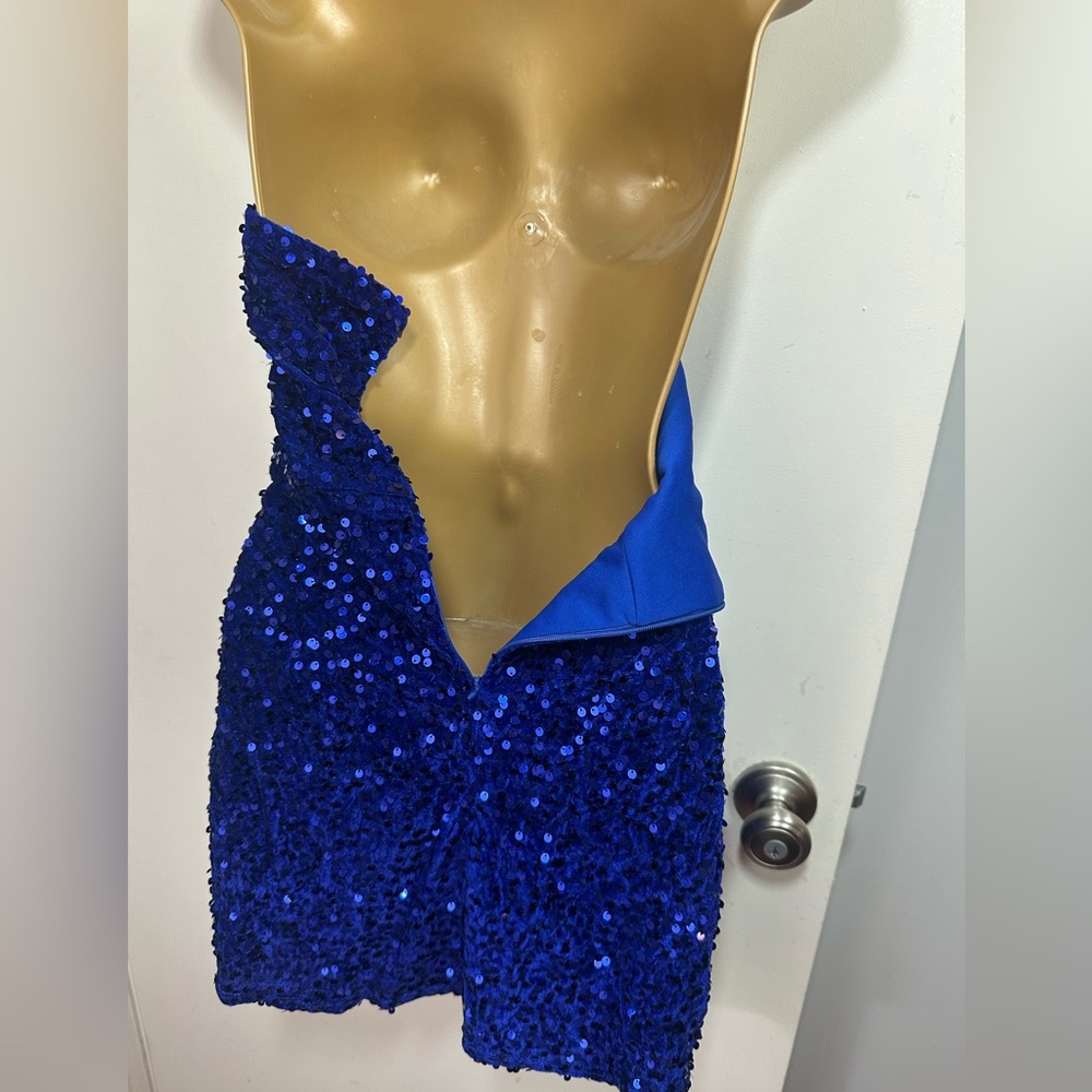 Lulus Royal Blue Elevated Dazzle Velvet Sequin Fringe Halter Mini Dress NWT L - Picture 11 of 16